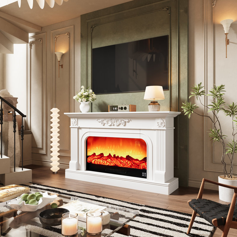 Cheminée électrique traditionnelle de 150 cm avec manteau sculpté et colonnes décoratives pour salon, Blanc
