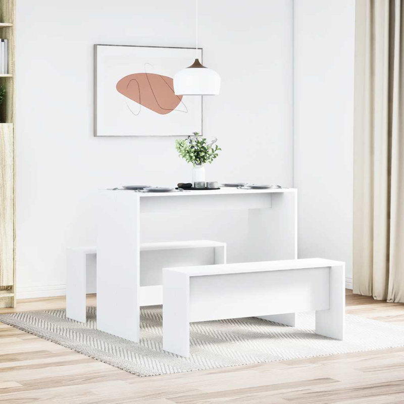 3 Piece Dining Table And Bench Set Engineered Wood, White