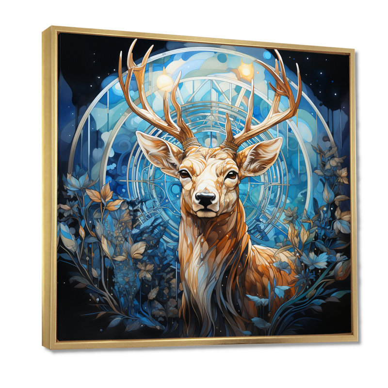 Cerf magique avec des bois dans une forêt enchantée, H 30 po x l 30 po x P 1 po, Toile avec cadre doré