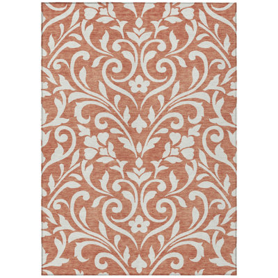 9' X 12' Salmon And Ivory Floral Washable Indoor Outdoor Area Rug