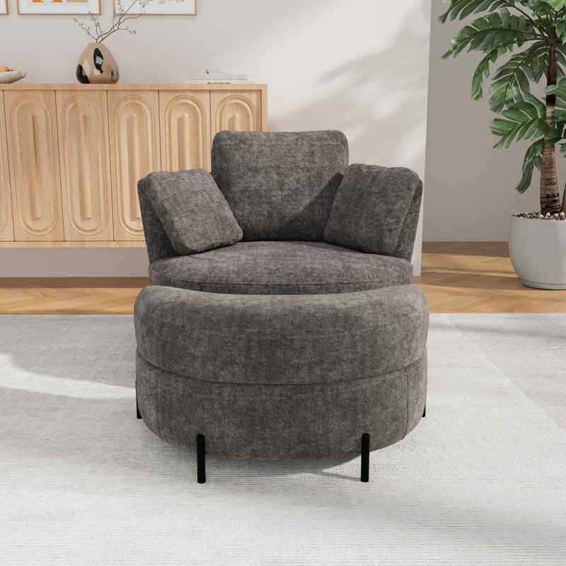 Fauteuil demi-tonneau pivotant en chenille de 40,5 po de largeur avec repose-pieds et coussins, Gris