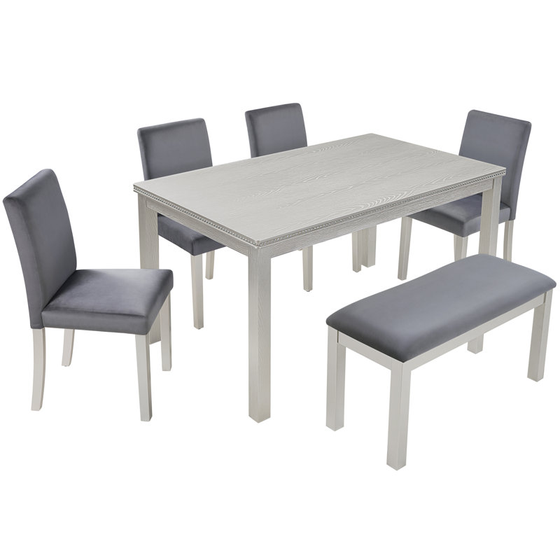 Ensemble de table de salle à manger 6 pièces en bois, table de salle à manger en bois avec 4 chaises rembourrées et banc pour 6 personnes, ensemble de table de salle à manger rectangulaire avec décoration en cristal pour la cuisine, la salle à manger