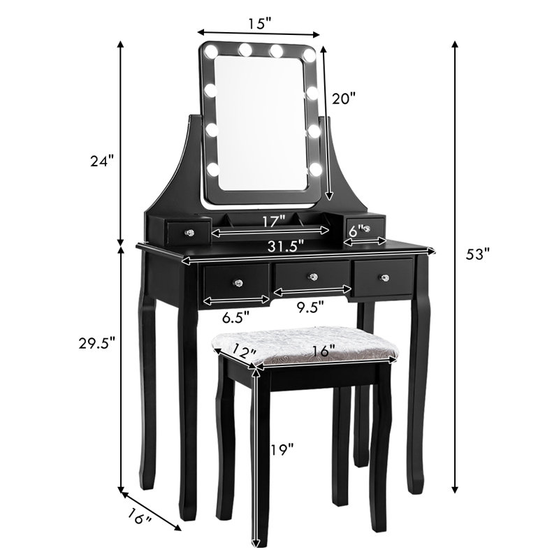 Ensemble coiffeuse et tabouret Anastasiia, Noir, noir, noir, noir