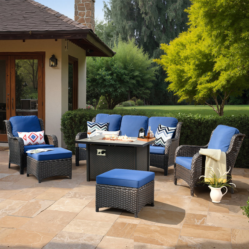 Wicker/Rattan 5 - Person Seating Group With Cushions, Brown Frame/Navy Cushion