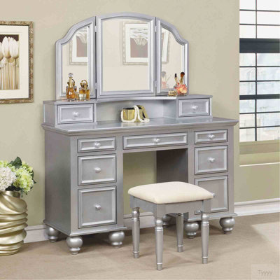 Transitional Style  1Pc Vanity W/ Stool Set Knob Handles Storage Drawers 3-Sidded Mirror Silver Finish Bedroom Furniture