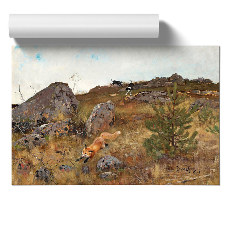 Fox And Hunting Dogs Vol.2 by Bruno Liljefors - No Frame Painting, 30cm H x 42cm W x 0.1cm D