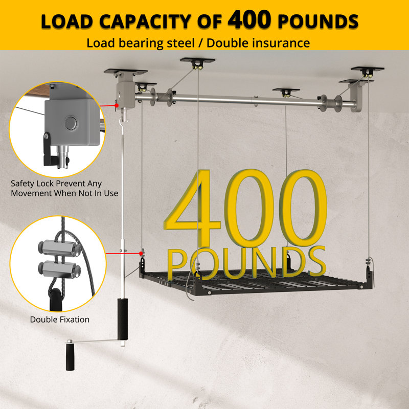 Overhead Garage Storage Rack,4x4FT Ceiling Storage Racks with Secure Lock,Garage Storage Lift System for Easy Up Down,Industrial Elevator Lift Holds 400 Lbs(Anti-Tip Plus)
