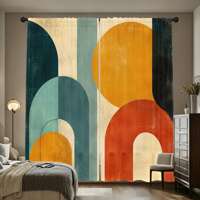 2Pcs Abstract Geometric Arch Style Decor Light Filtering Curtains, Retro Circle Arch Boho Printed Window Drapes, Rod‑pocket Style, Suitable for Living Room, Bedroom, Dining Room, Study Room, Aesthetic Home Decoration