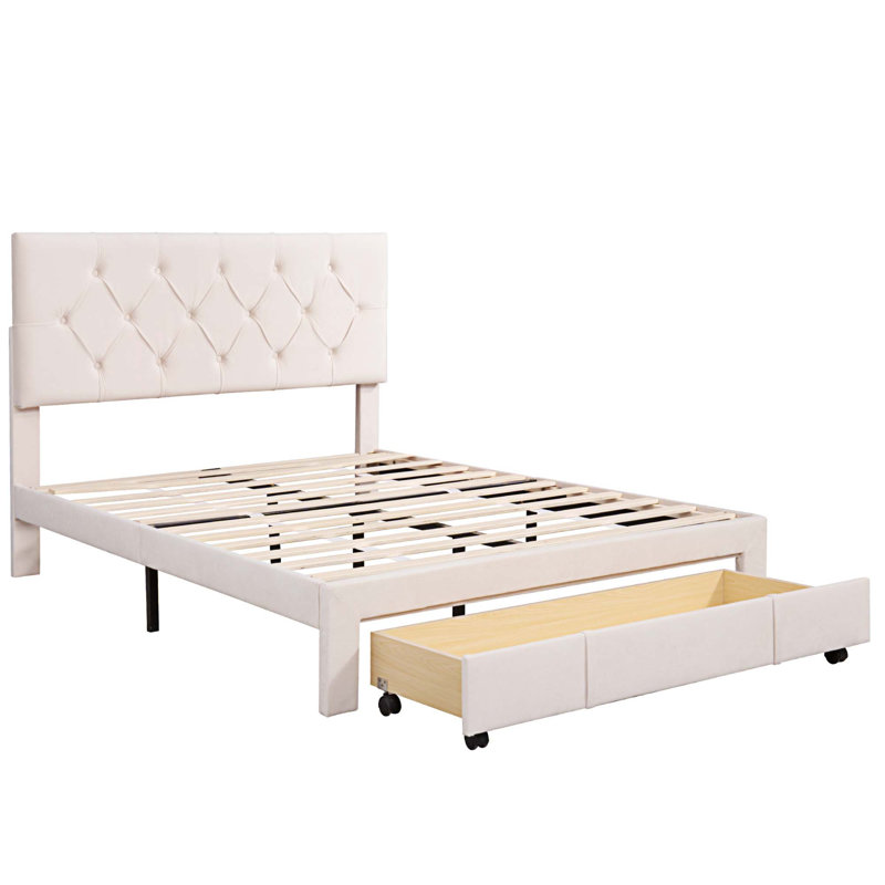 Lit plateforme avec rangement et velours, Double, Beige