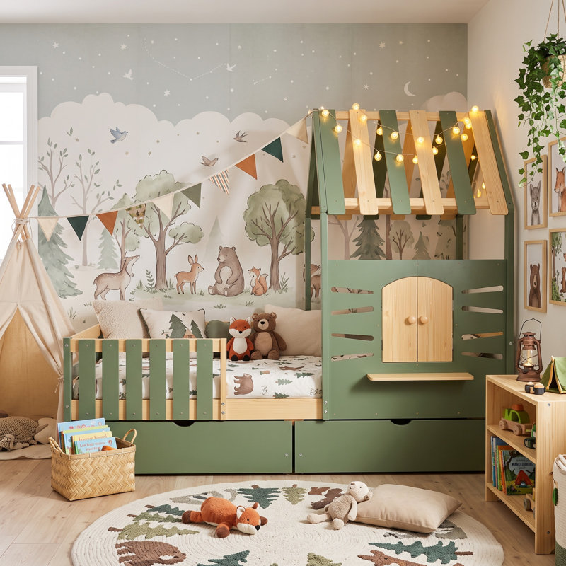 Kids Wooden House Bed Frame, 3ft Single Bed 90x190cm, Pine & MDF Bed with Safety Guardrail, 2 Rolling Storage Drawers, Playhouse Roof & Opening Window, Green & Natural Finish