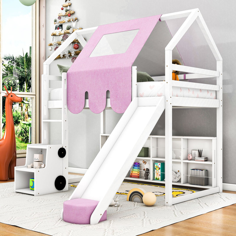 Articia Wooden Loft Bed With Slide And Storage, Twin, White Pink