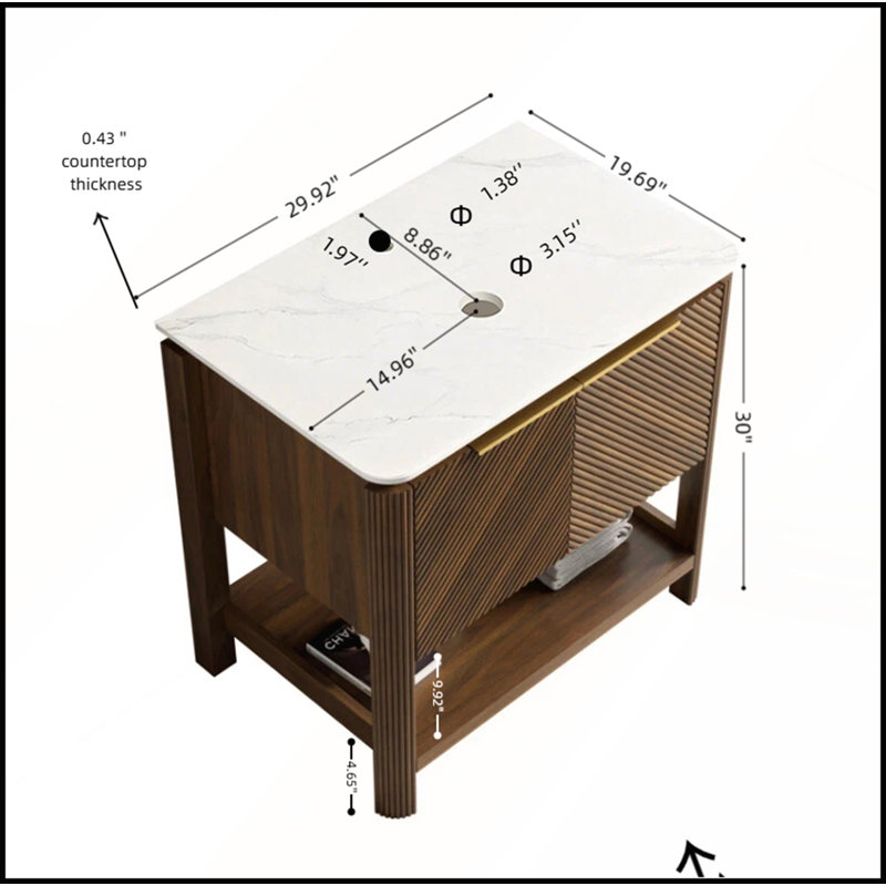 Armoire de salle de bain autoportante 30 po avec portes doubles et comptoir en pierre frittée