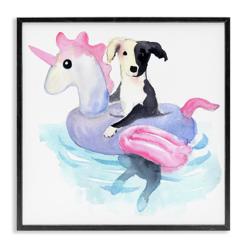 «Sandy Dog Pool Float», art de la giclée encadrée par Geoff Allen, H 12 po x l 12 po, Giclée encadrée noir minuit
