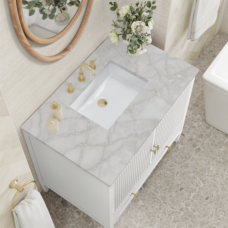 Myrrin 36'' W Single Vanity, Bright White, Victorian Silver Silestone, 8" Widespread
