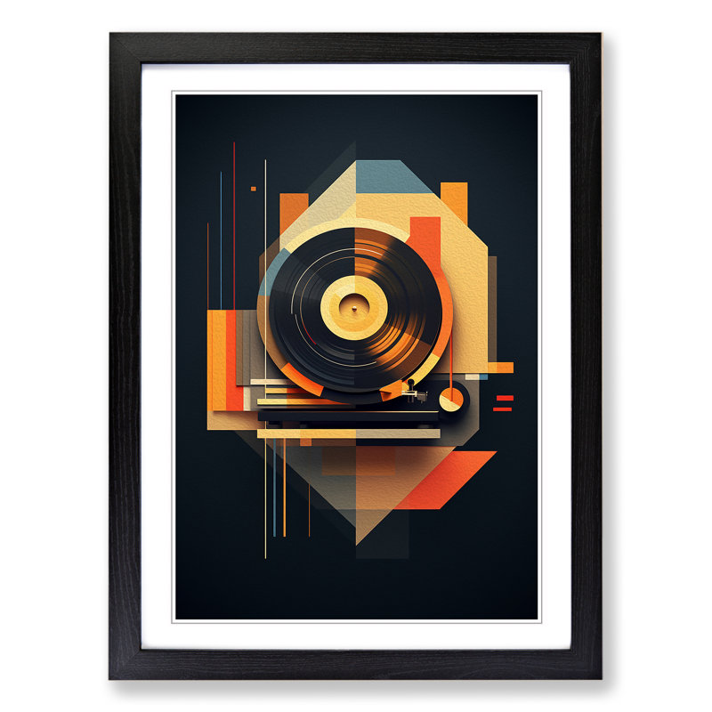 XYZ-FRM-V1223-1666 Vinyl Record Player Geometric - Single Picture Frame Print on Wood, 46cm H x 34cm W x 2cm D, Black