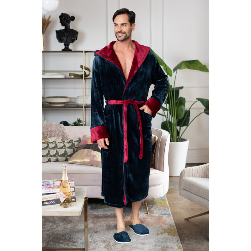 LOTUS LINEN - Peignoir moelleux à capuche, M / G, Bleu marine / bourgogne