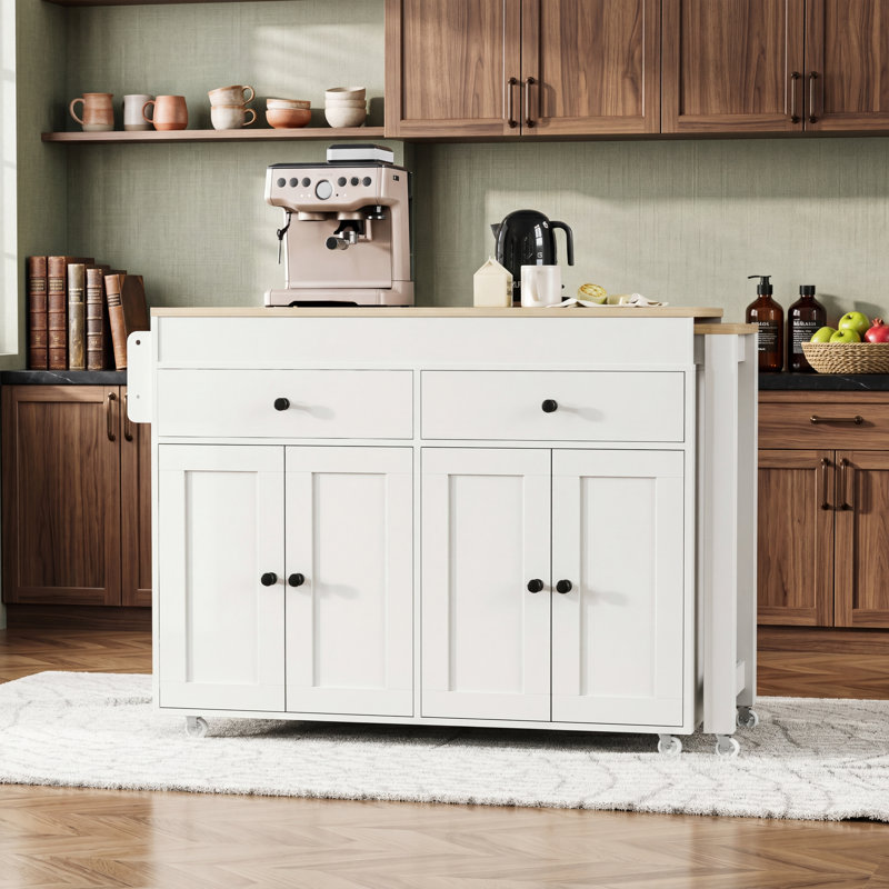 Îlot de cuisine 74,5 po avec table de salle à manger extensible, roulettes, étagère à épices, 2 tiroirs et armoire à 4 portes