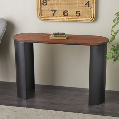 Klarysa Metal Curved Support Black Console Table with Brown Oval Wood Top