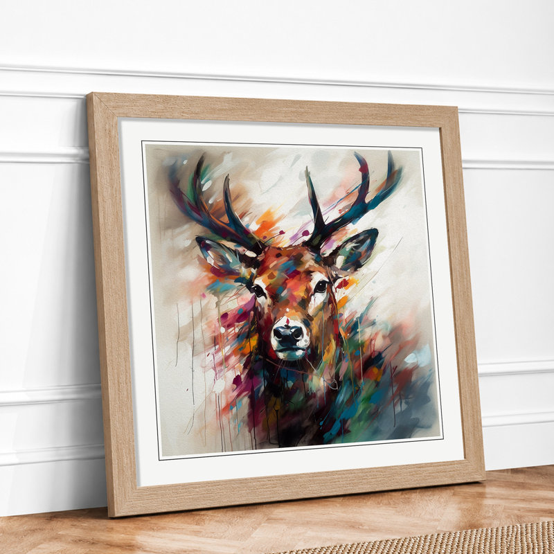 Stag Gestural Art - Framed Print, Oak