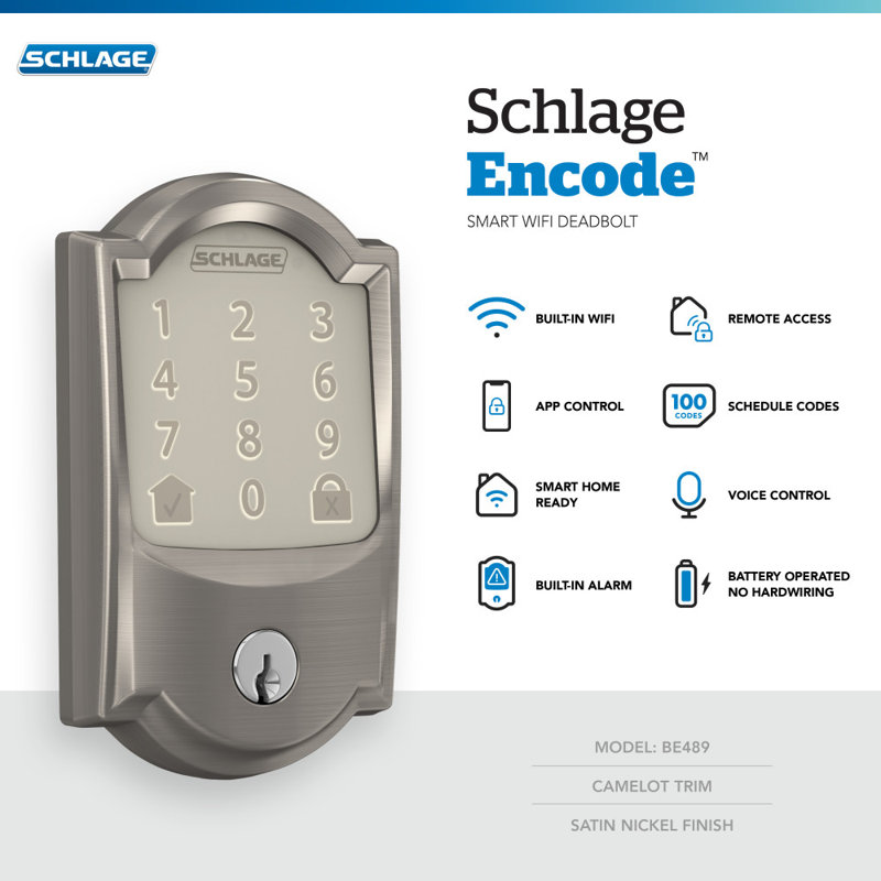 Encode Smart WiFi Deadbolt with Camelot Trim, Yes, Satin Nickel