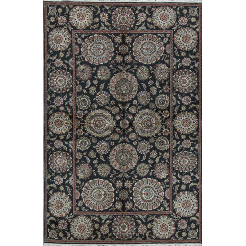 Tapis noir et gris de haute qualité noué à la main