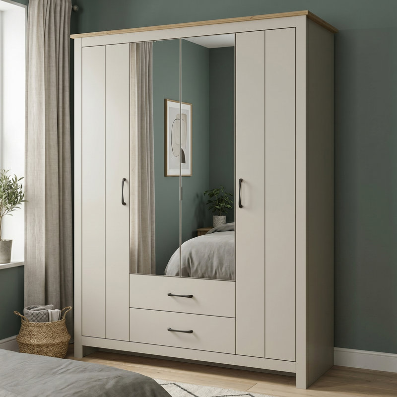 Limestone 4 Door 2 Drawer Wardrobe with Mirror, Light Grey