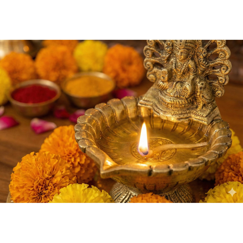 Lampe à huile en laiton fabriquée à la main 6 pouces Lakshmi & Owl, Diya traditionnelle pour la prospérité et décor d'autel