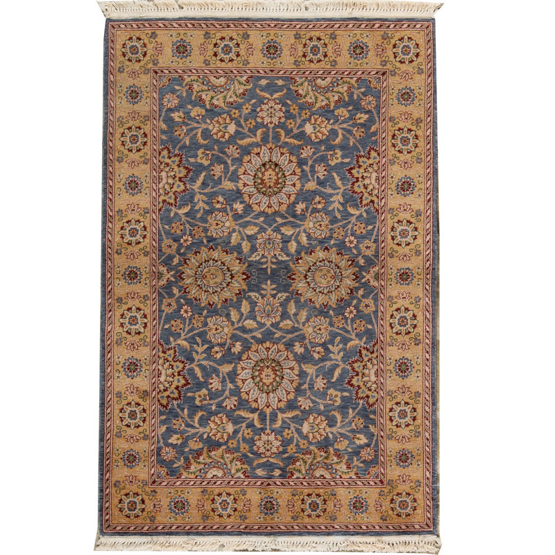 Tapis bleu, or et rouge noué à la main de haute qualité