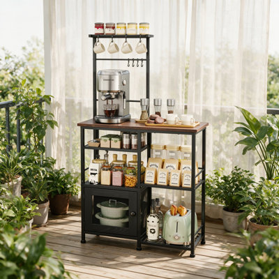 Étagère Bakers avec rangement et porte d'armoire, organisateur de station de café avec tablettes et crochets, support à micro-ondes avec pieds réglables, centre café de ferme pour la cuisine et la salle à manger