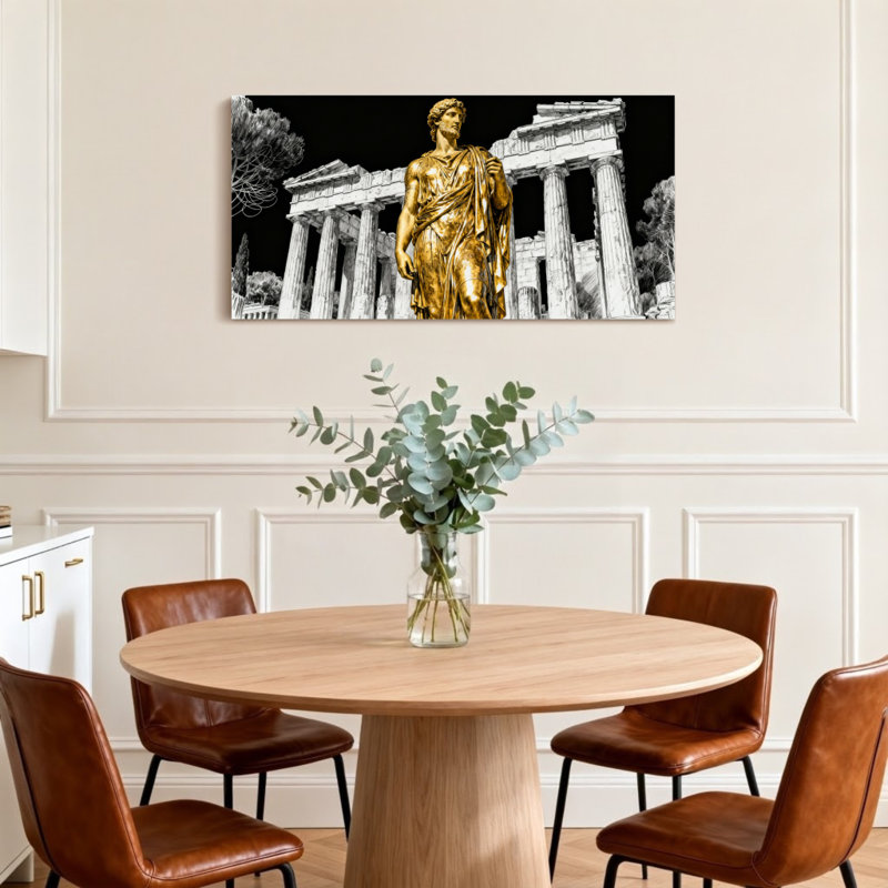 Scenic & Cityscapes, statue dorée, ancien temple, colonnes, noir et blanc , H 20 po x l 40 po