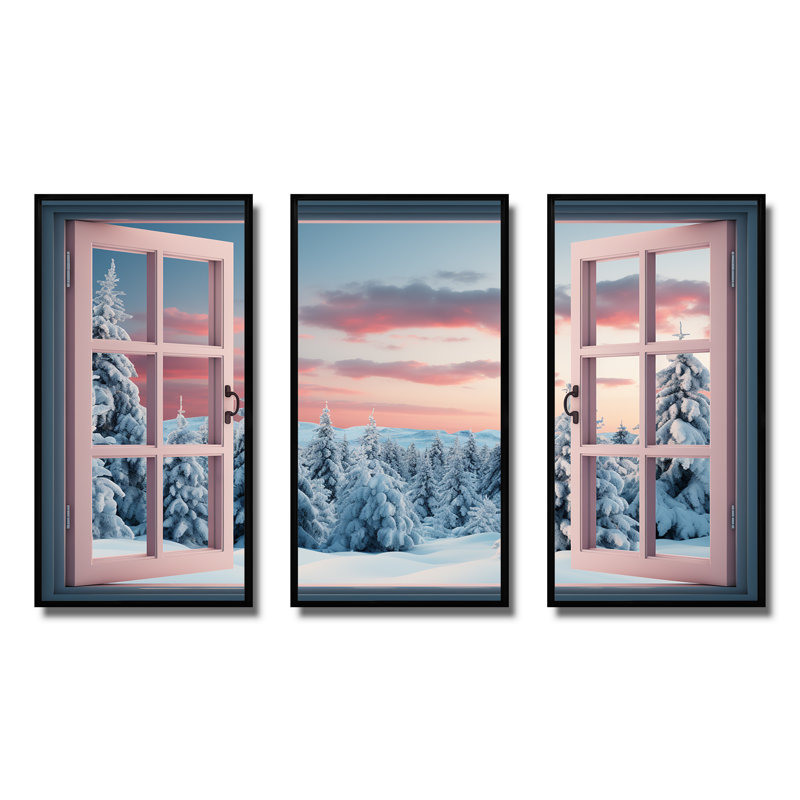 «Forest Winter Window View I - Winter Landscape», art mural, H 28 po x l 36 po x P 1 po, Cadre flottant noir