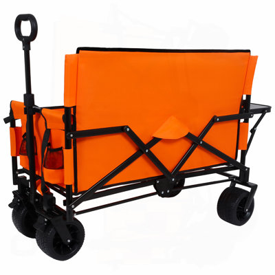 3-In-1 Convertible Folding Wagon Cart With Bench Seat & Rear-Mounted Folding Tabletop - 500Lbs Heavy-Duty Utility Wagon, 180L Capacity All-Terrain Wheels For Camping, Beach, Sports, Garden, Orange