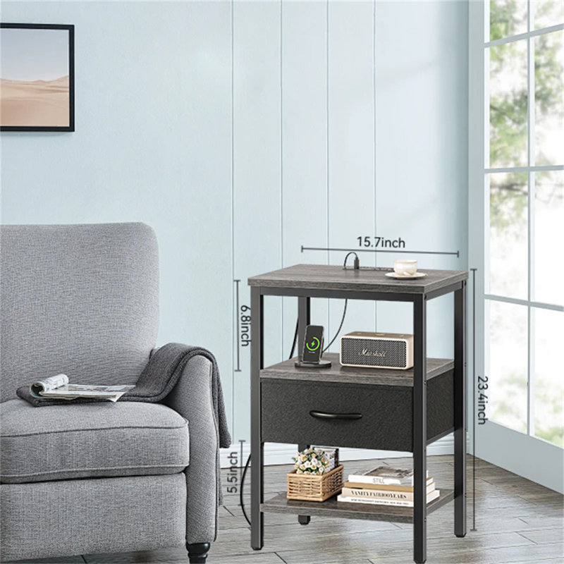 Multi-Functional Bedside Table With Charging Station & Adjustable Fabric Drawer, Black