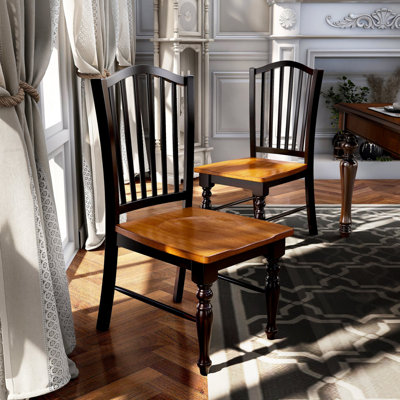 Ensemble de 2 chaises simples simples et élégantes avec siège en bois et pieds tournés noirs en chêne antique