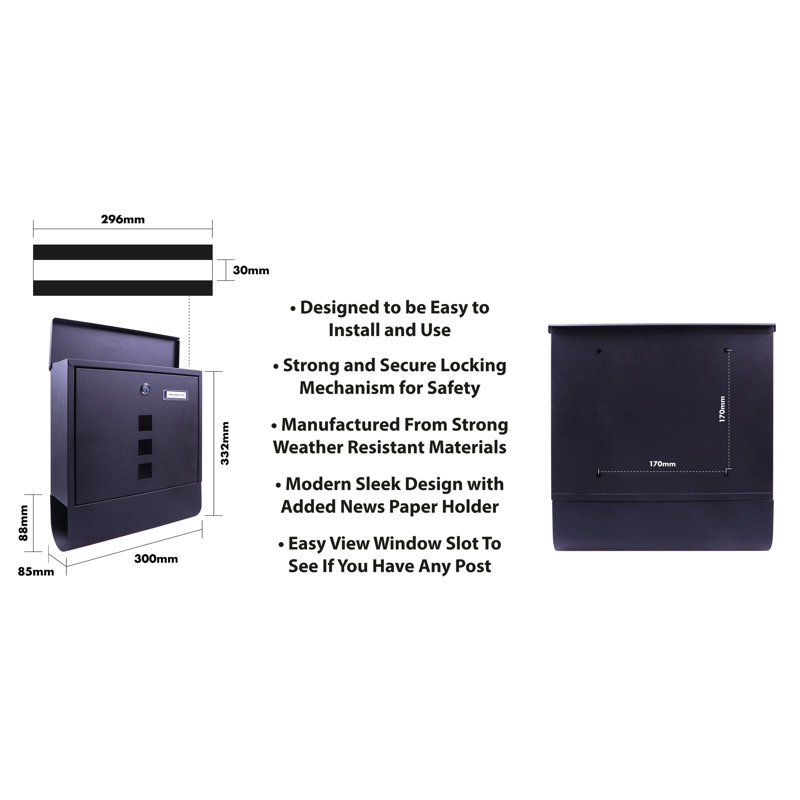 Eliphalet Metal Wall Mounted Post Box, Black