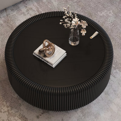 Round Fluted Coffee Table with Tempered Glass Top, PU Leather Body, Baked Enamel Metal Base & Hidden Storage, Modern Minimalist Accent Table for Living Room