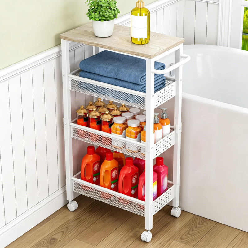 Chariot de rangement mince et roulant avec 4 tablettes à niveaux, organisateur étroit avec plateau en bois et roulettes pour la cuisine, la salle de bain, la salle de lavage et les petits espaces