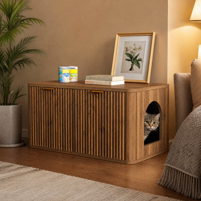 31.5" Walnut Cat Litter Box Enclosure Furniture, Hidden Cabinet