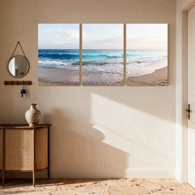 Plage, océan, vagues, plage, ciel, sable, coucher de soleil, horizon, eau, ensemble de 3 impressions sur toile