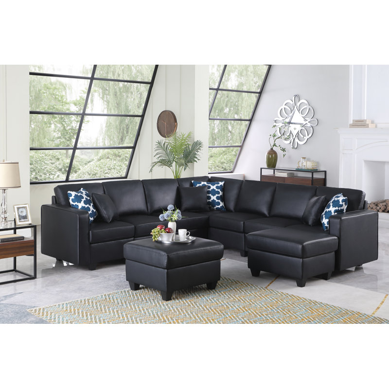 Canapé modulaire réversible en similicuir avec repose-pieds, Similicuir noir