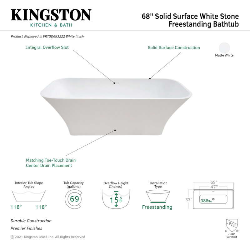 Baignoire autoportante rectangulaire à double face avec drain 68 pouces Kingston Brass
