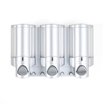 Distributeur de douche à 3 chambres, distributeur de savon de douche mural pour salle de bain pour le bain d'hôtel, crochets intégrés, sans perceuse, distributeur de savon à shampooing imperméable, 3 x 11 oz, argent satiné