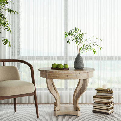 Table de salle à manger ronde, style, petites, pieds courbés, bois naturel vieilli, 2 tiroirs de rangement, petites dimensions en bois de sapin de qualité, aspect, placage