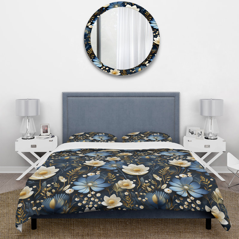 Literie bleue et blanche Tribal Botanics, Housse de couette pour grand lit et 2 taies décor