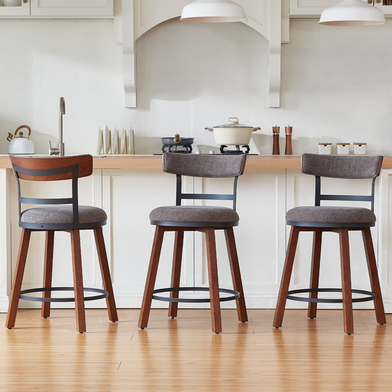 Modern Bar Stools Set of 3, 26" Thick Upholstered Barstools with Curved Frabic Backrest&Solid Wood Legs&Matte Metal Frame, Counter Height Bar Stools for Kicthen Island, Grey