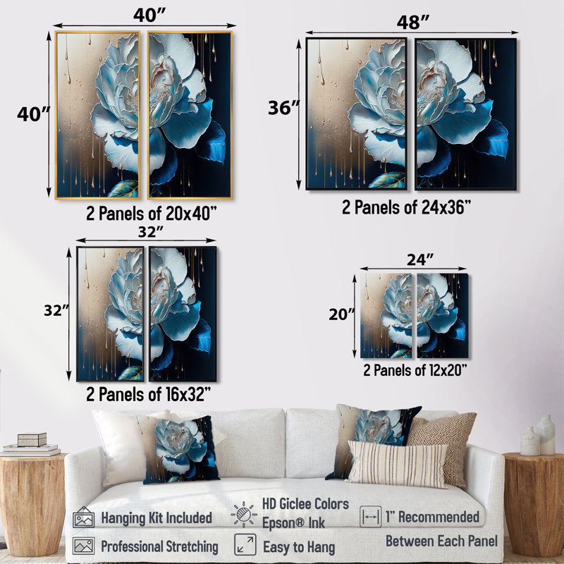 «Vibrant Blue Camellia Flower II», impressions sur toile traditionnelles, 2 pièces, H 36 po x l 48 po, Noir