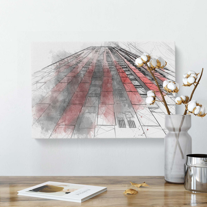 Rotterdam in Black & Red in Abstract - Wrapped Canvas Drawing - Wrapped Canvas, 60cm H x 91cm W x 3cm D