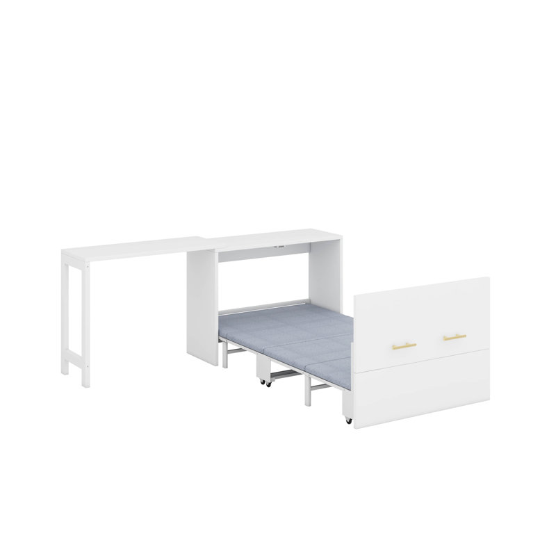 Lit simple escamotable avec commode à hauteur réglable, commode escamotable avec coussin pliable