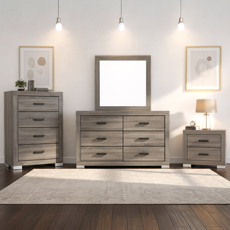 Ensemble de chambre à coucher contemporaine 4 pièces en chêne gris avec commode, miroir, commode et table de chevet