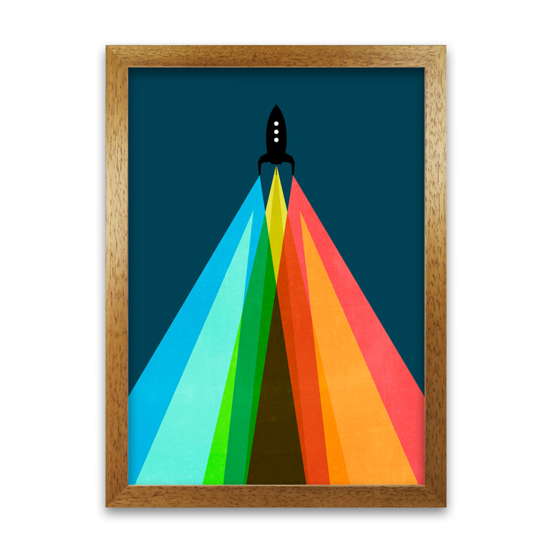 Rainbow and Navy Rocket A 1 Piece Wall Art, 59cm H x 42cm W x 3cm D, Oak Frame